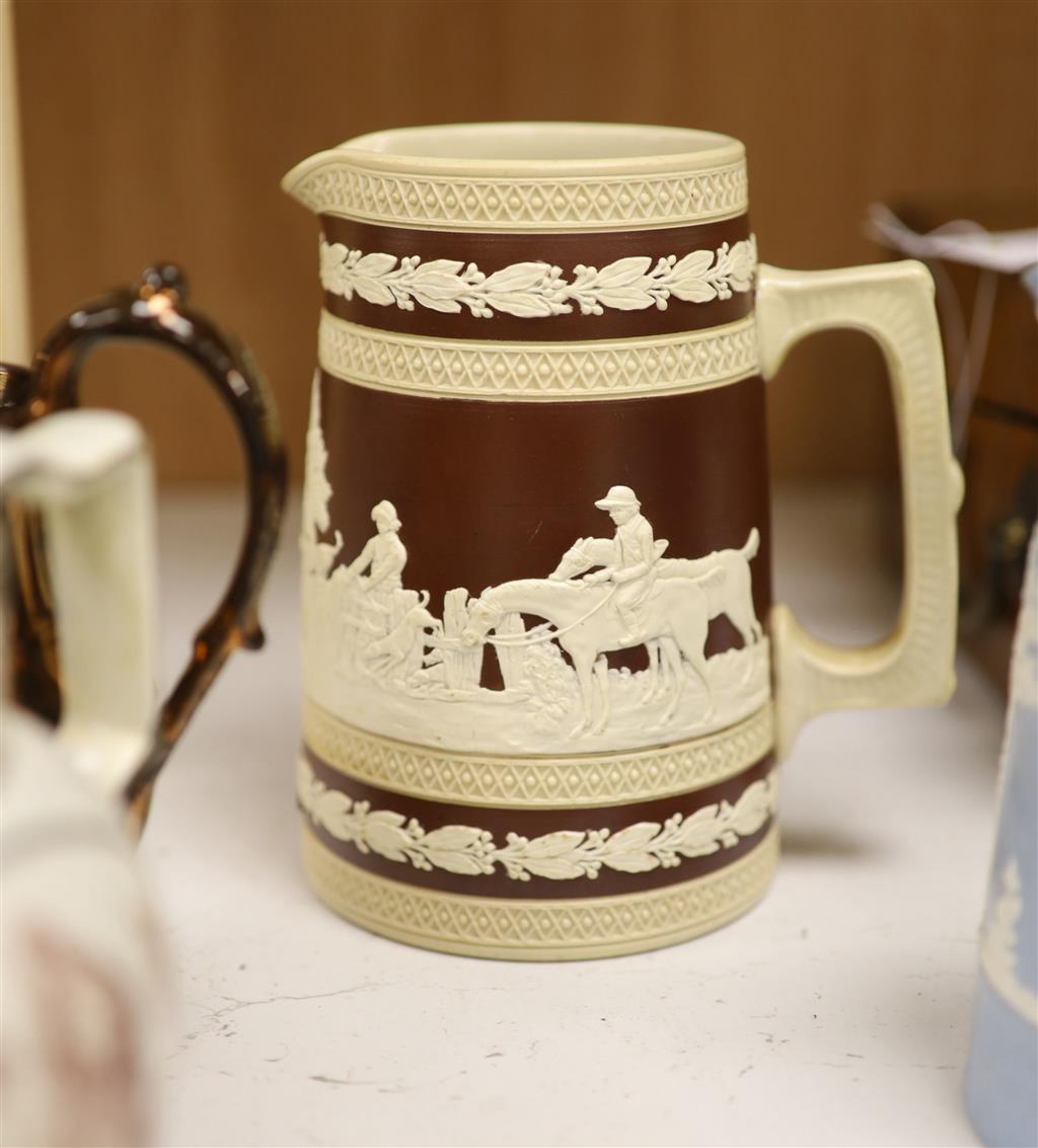 A Royal Doulton Lambeth silver rimmed jug and other various jugs including Copeland, lustreware etc.